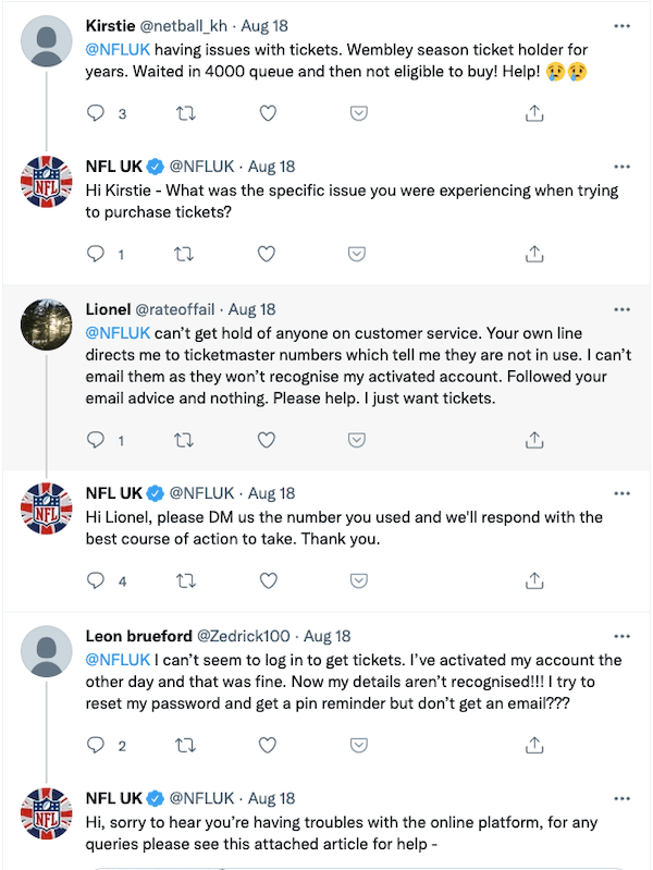 fans complaining on Twitter about not being able to get tickets to the NFL London Games 2021