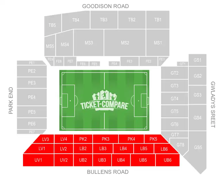Bullens Road Stand at Goodison Park highligted
