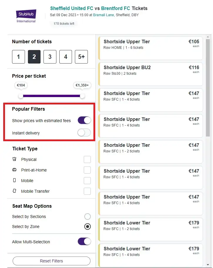 screenshot of Stubhub filters