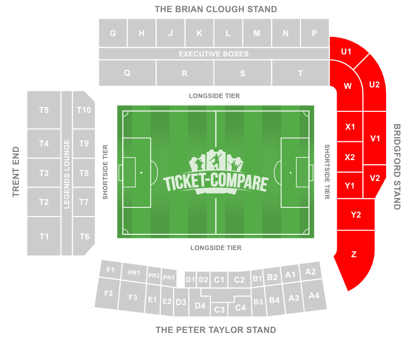 screenshot of City Ground Stadium Seating plan with highlighted the Bridgford Stand
