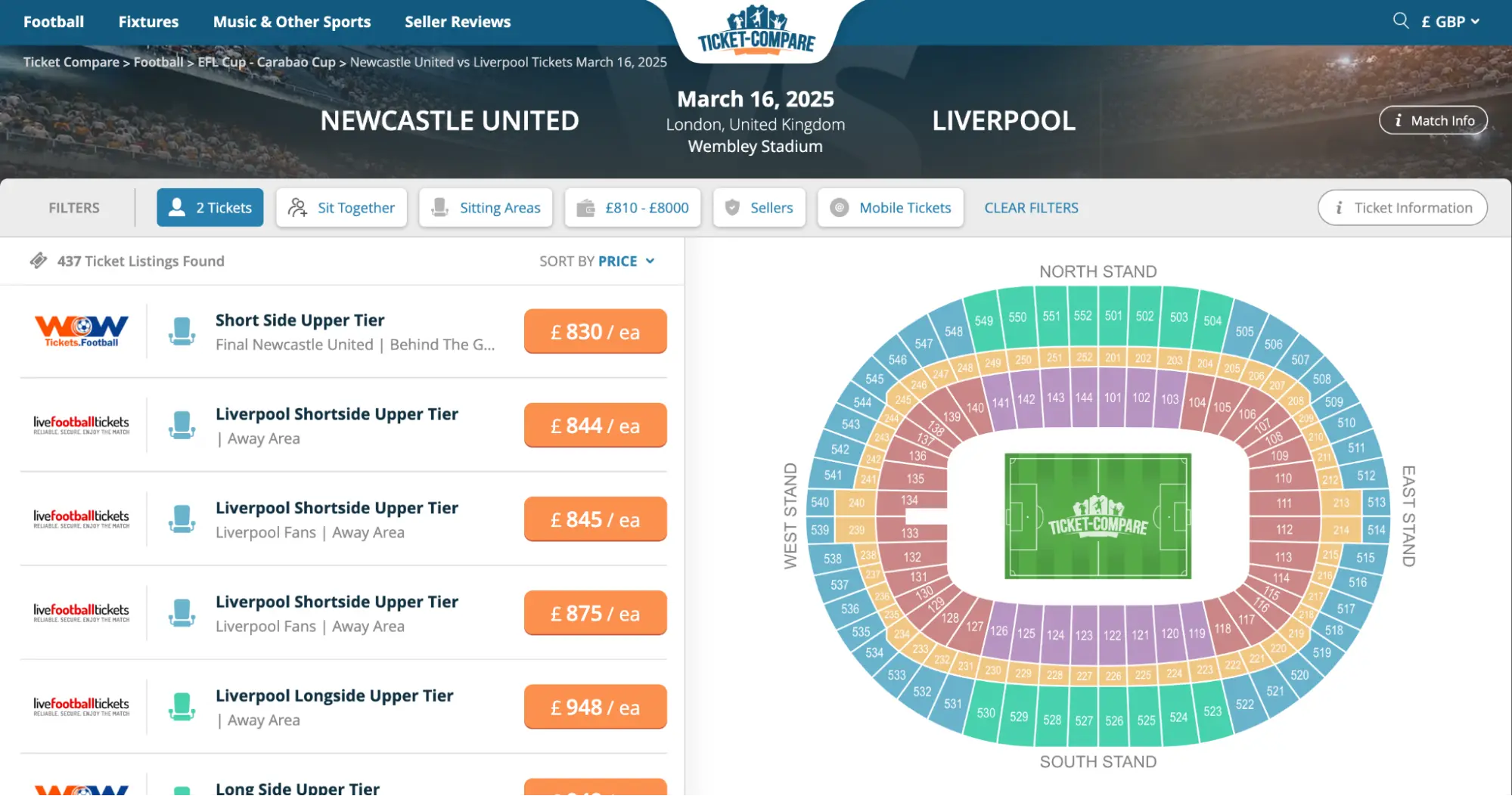 kuvakaappaus Newcastle United vs. Liverpool lippusivusta