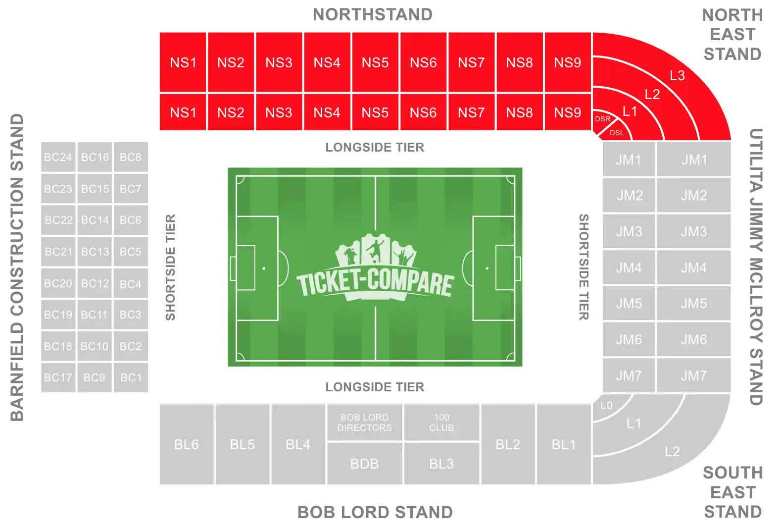Turf Moor Stadium Seating Plan with North Stand Highlighted