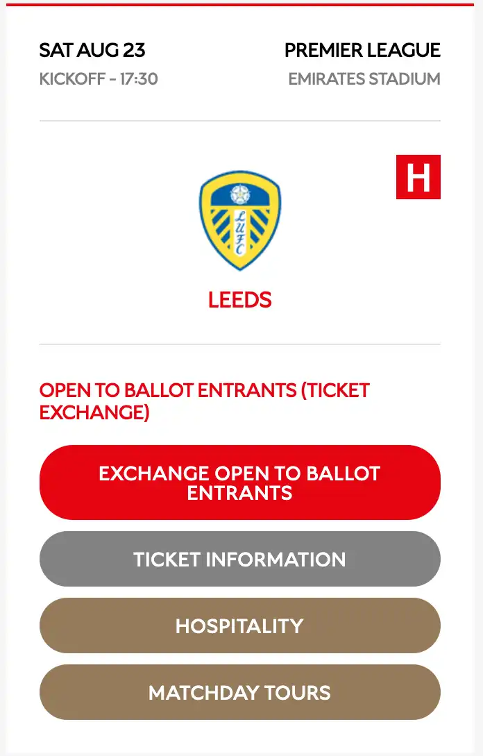 Esimerkki: Arsenal vs Leeds -ottelun Ticket Exchange listaus Emirates Stadiumille