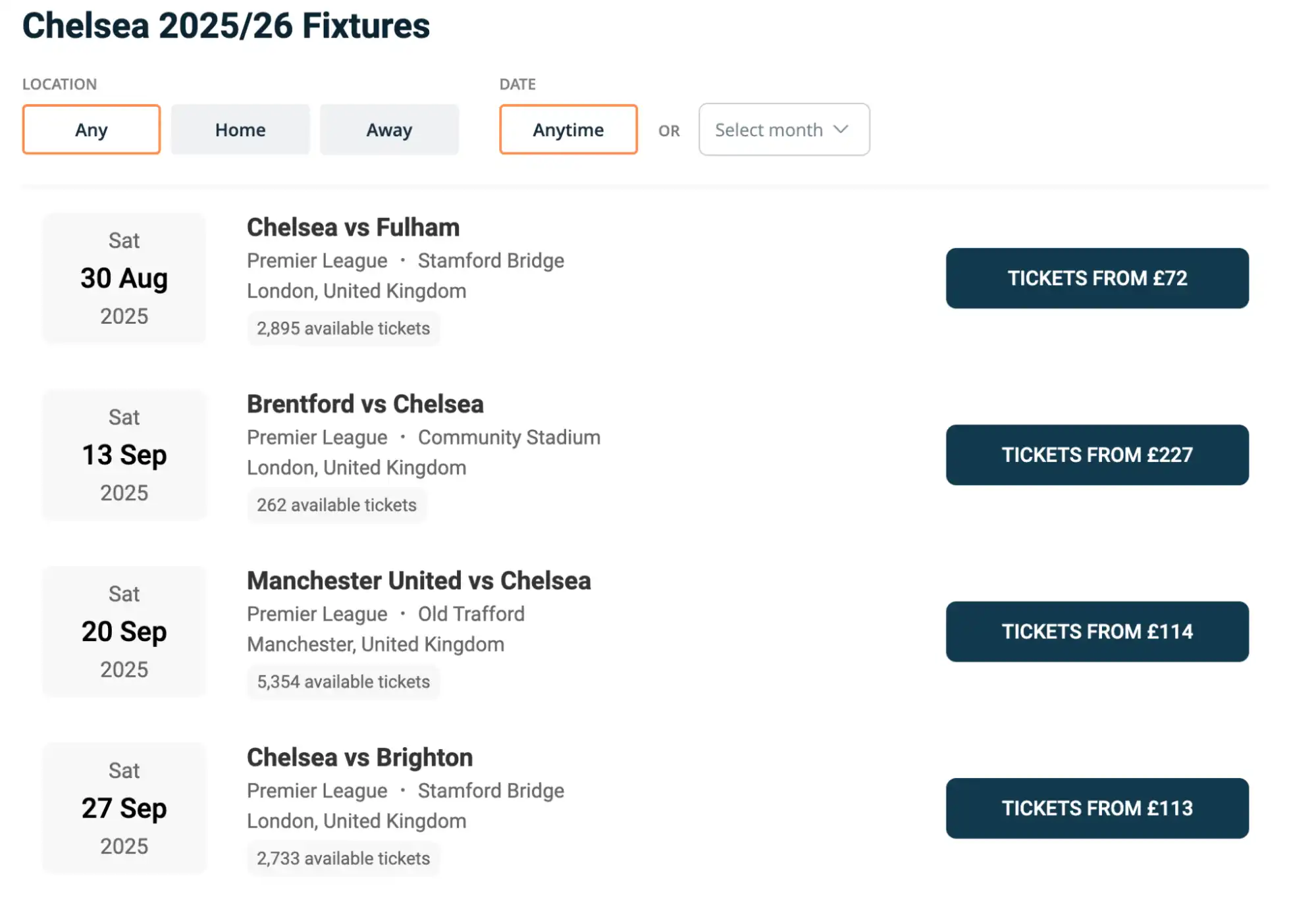 screenshot of Chelsea Fixtures