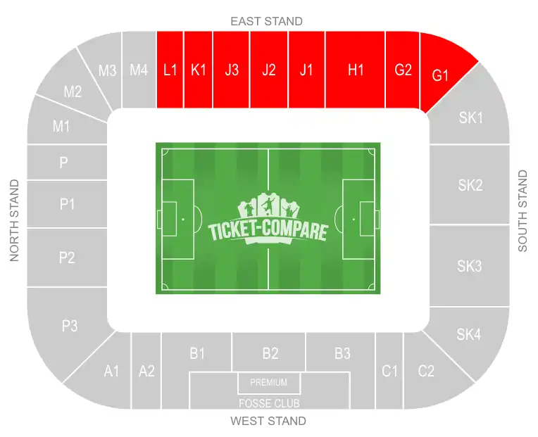 King Power Stadium Seating plan with East Stand highlighted