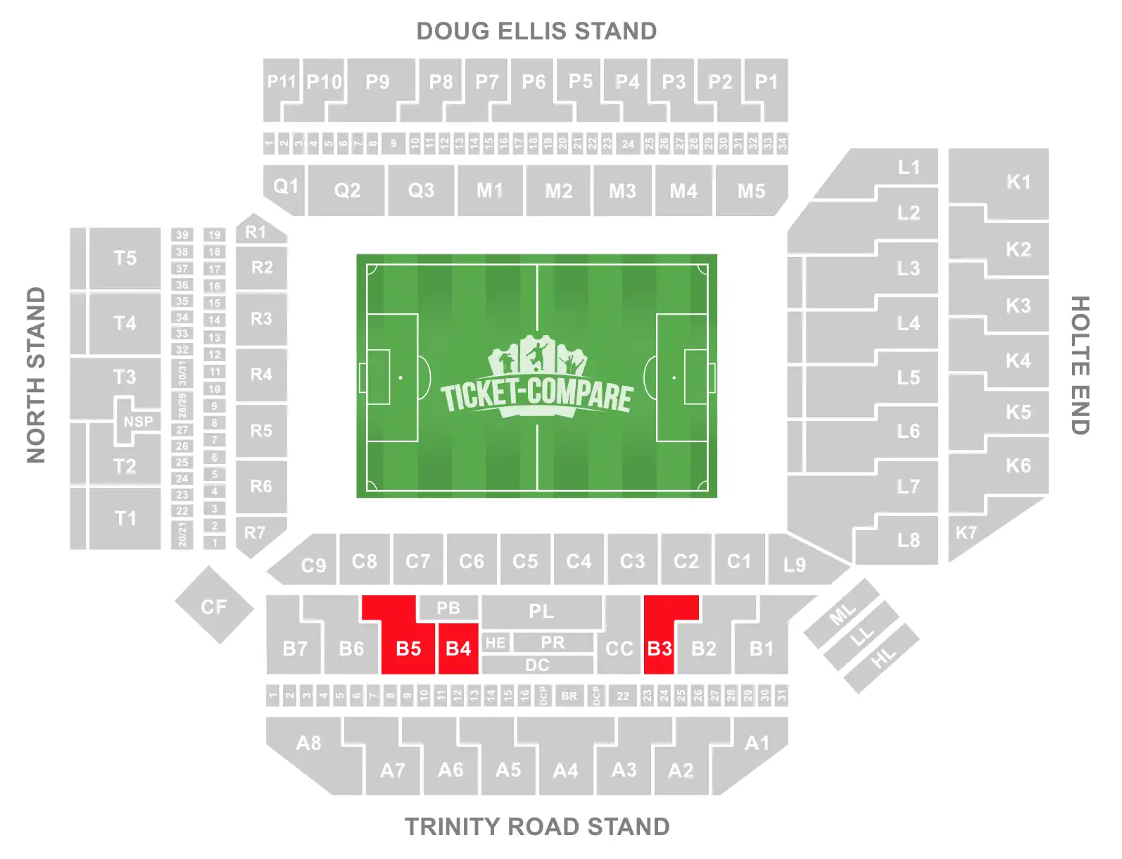 Screenshot of Villa Park Stadium Seating plan with the B3, B4 and B5 Blocks highlighted