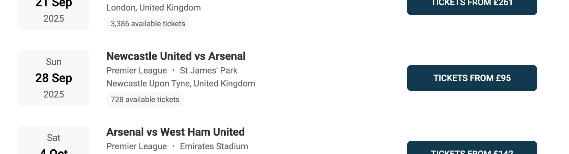 screenshot of Arsenal fixtures