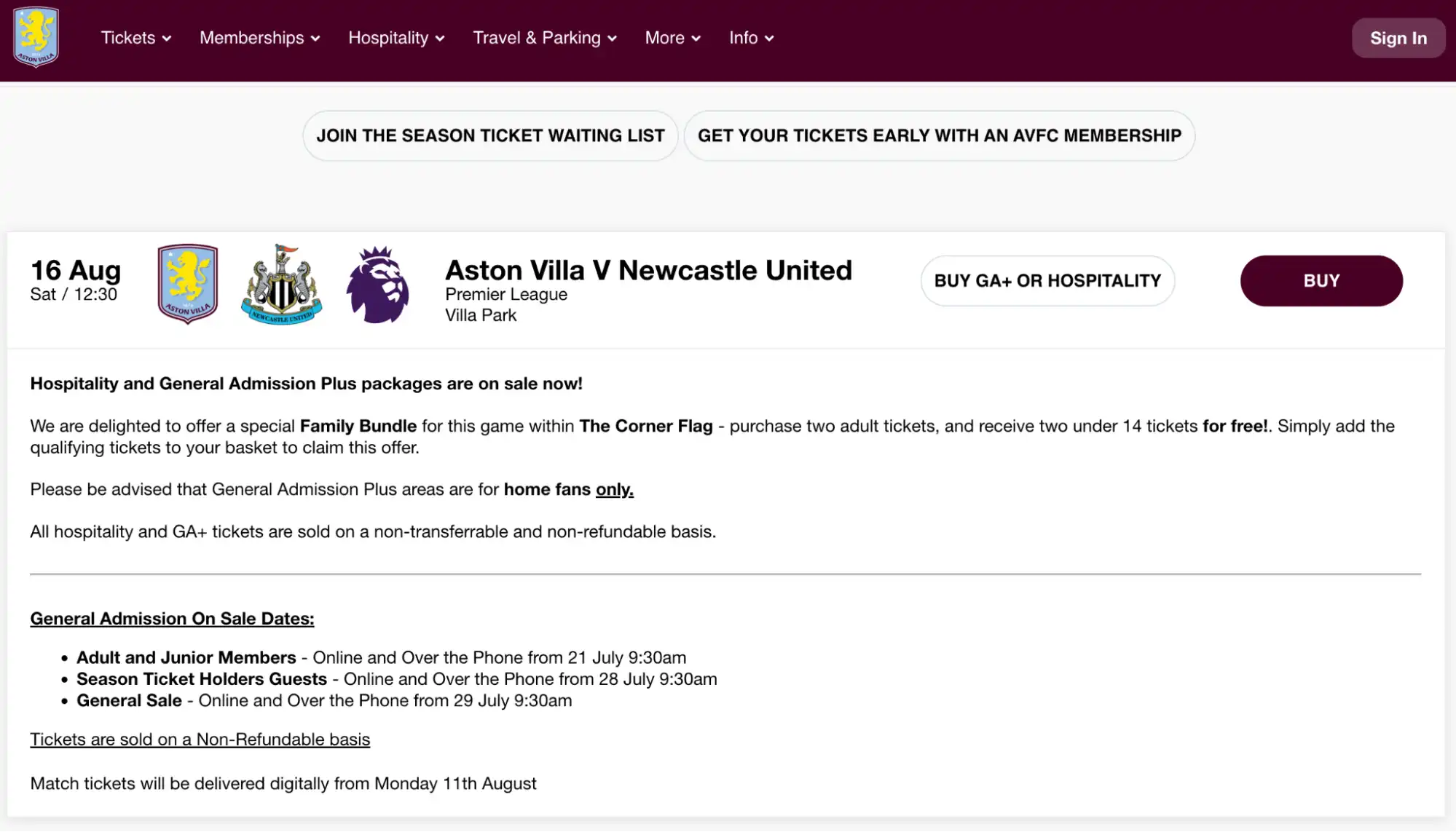 screenshot of Aston Villa website
