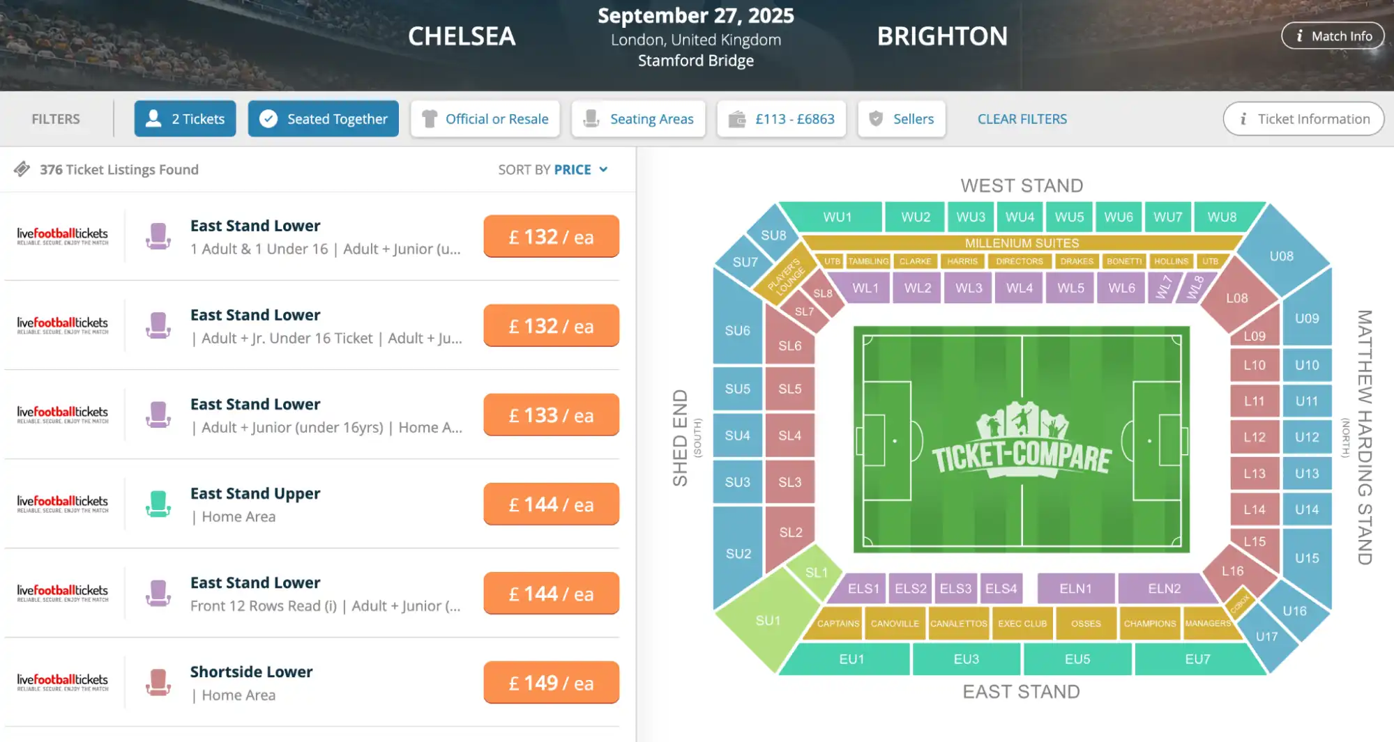 screenshot of Chelsea v Brighton match tickets
