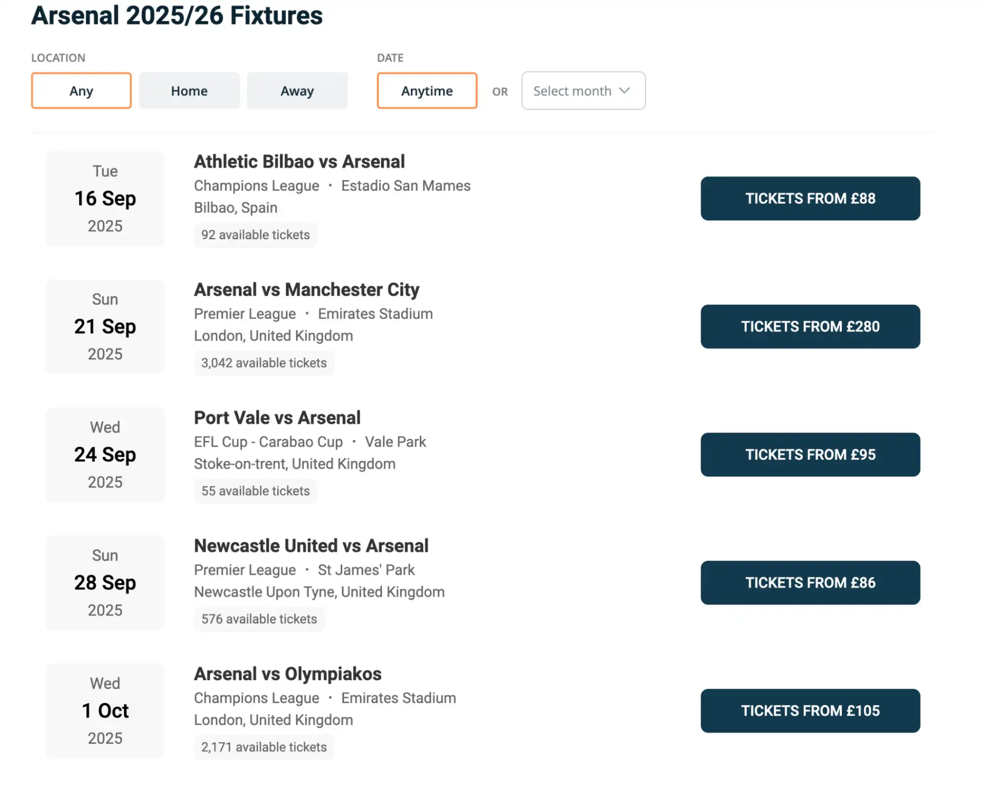 screenshot of Arsenal fixtures
