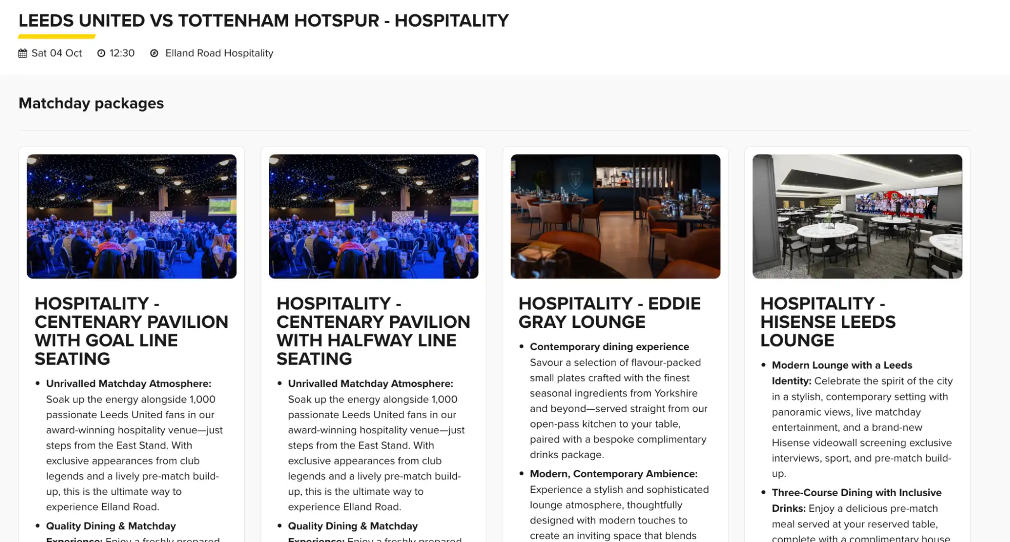 Extensive menu of matchday hospitality packages
