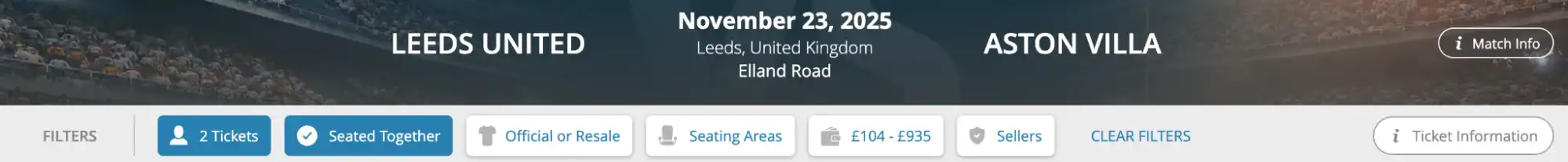 screenshot Leeds United Aston Villa menu