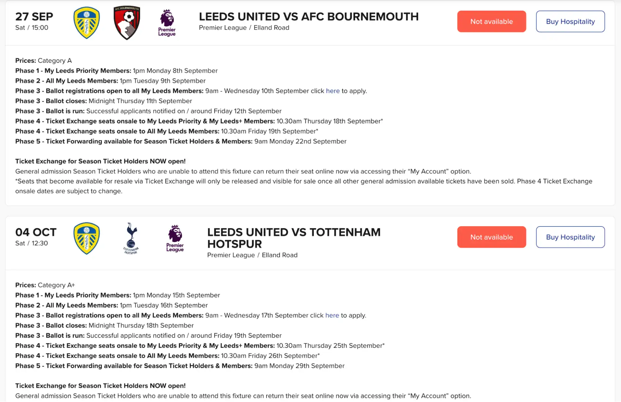 screenshot of the Leeds United fixtures