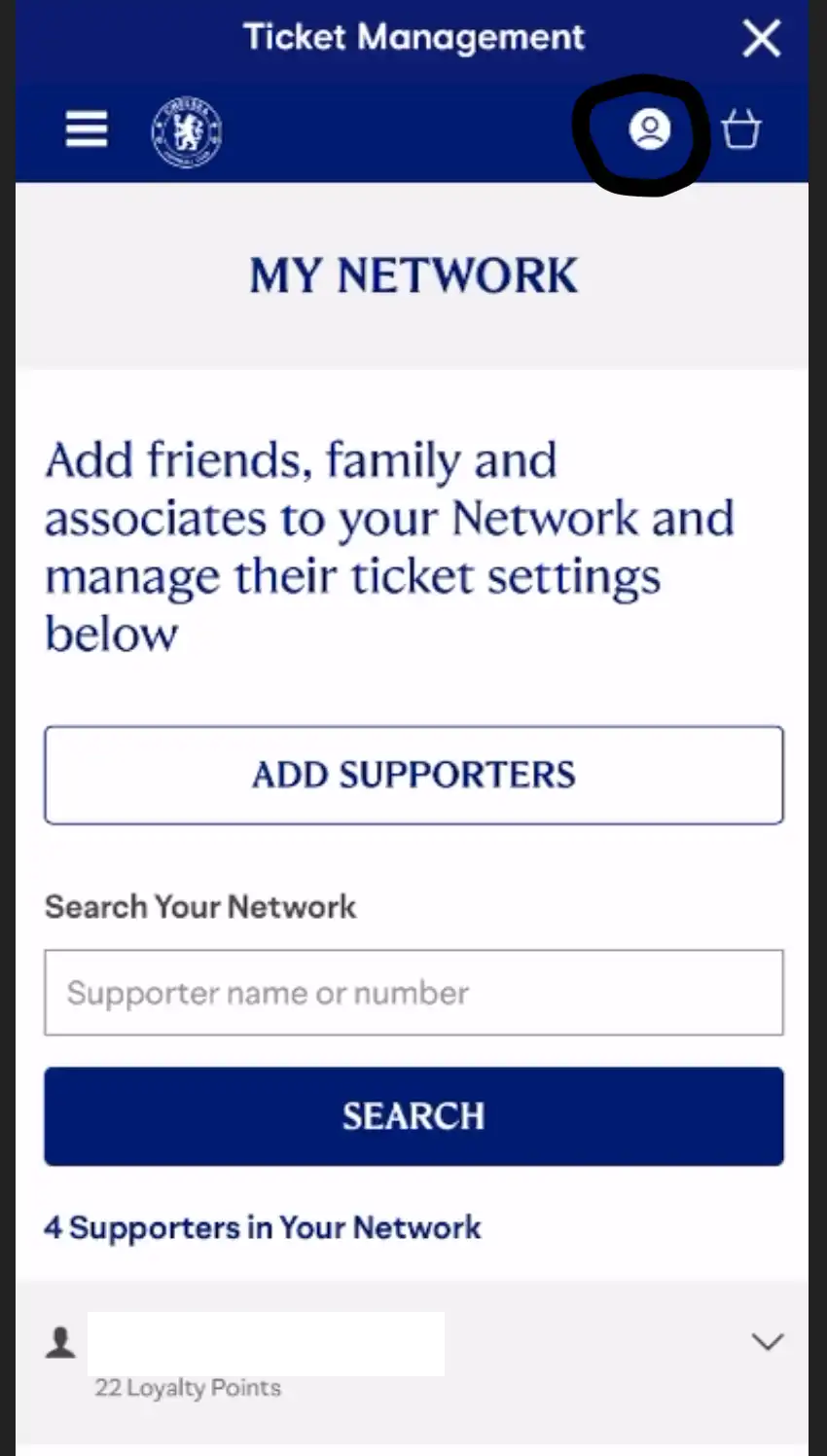 My Network -sivun näyttökuva, jossa Chelsea-fanien Loyalty Points -pisteet