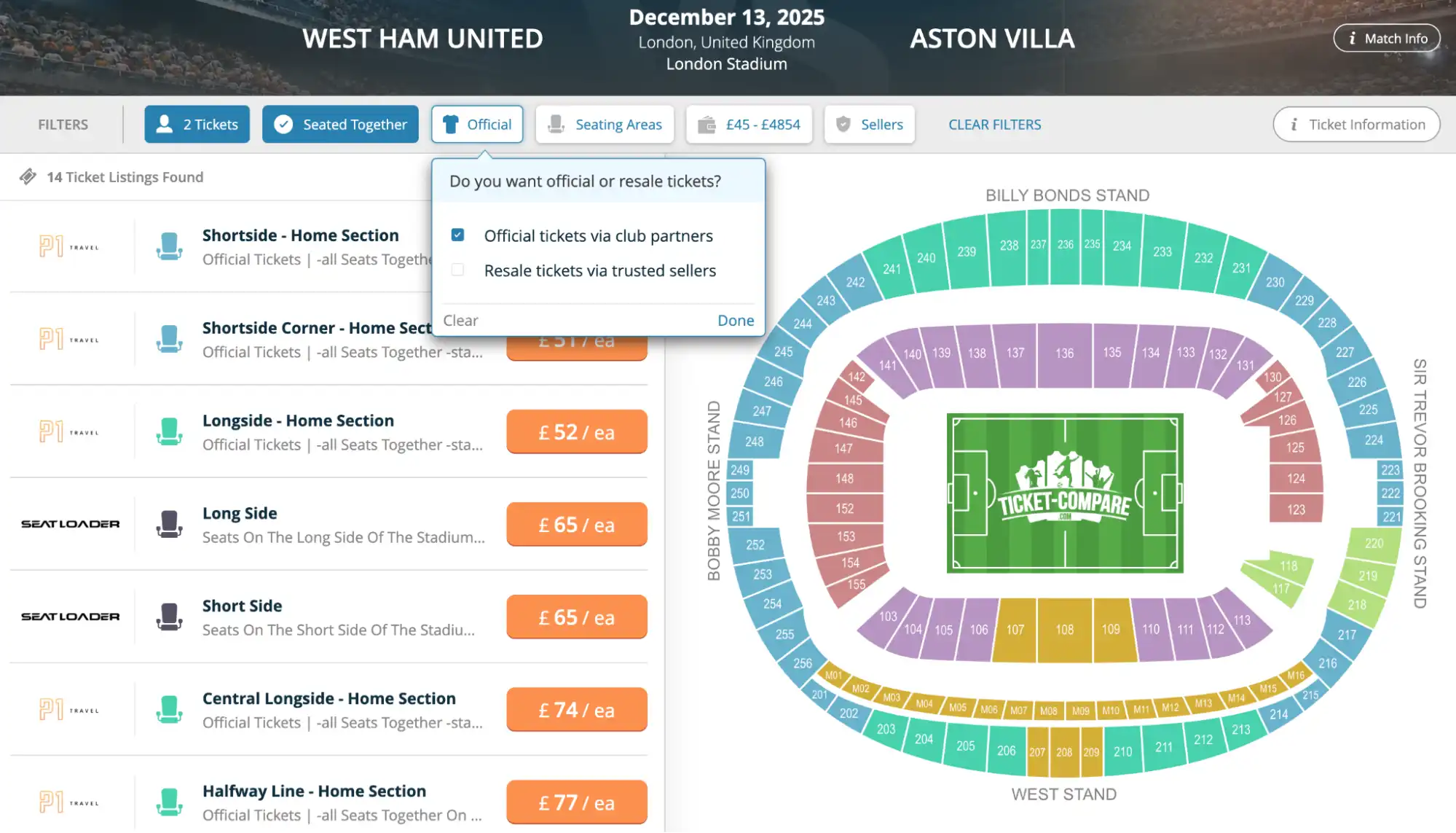 Seating Areas menu West Ham United