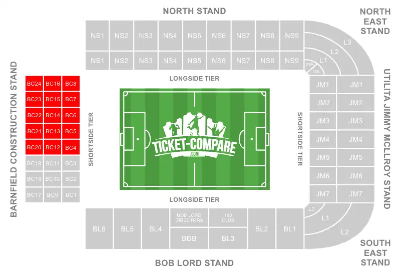 Turf Moor Stadium Seating Plan with Away section highlighted