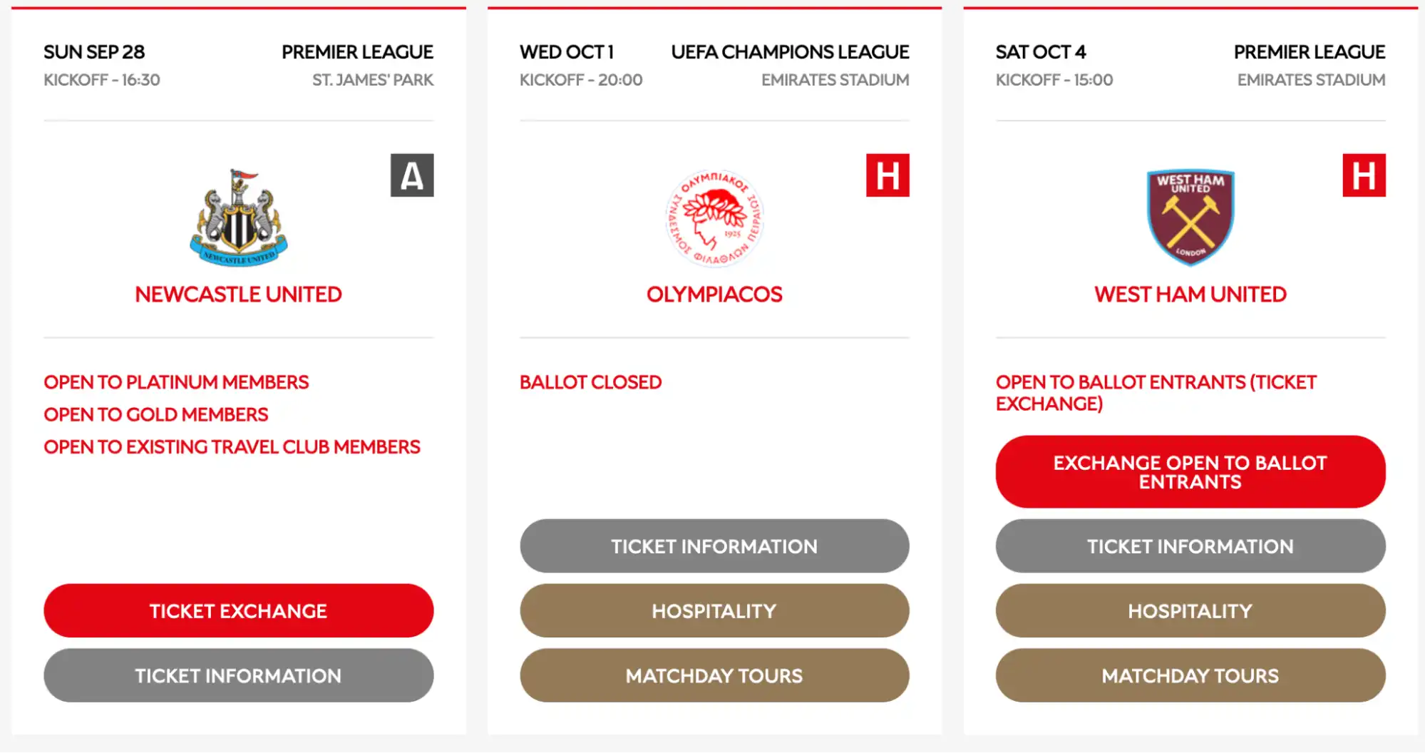 screenshot of a list of fixtures on Arsenal's website