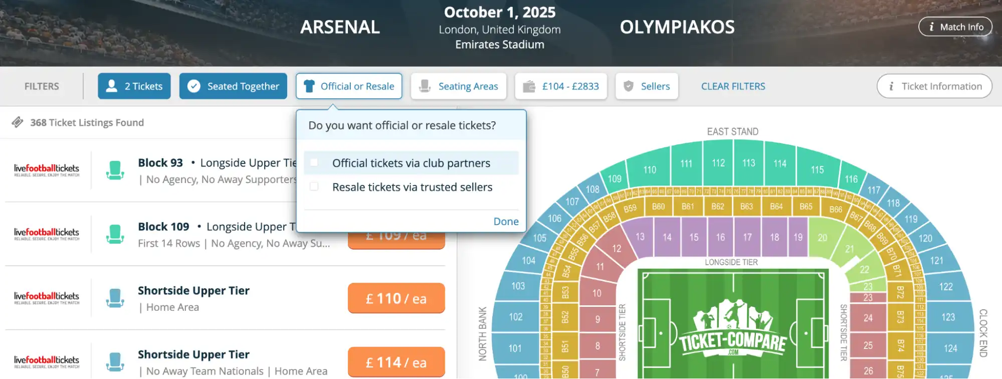 screenshot of official/resale tickets option