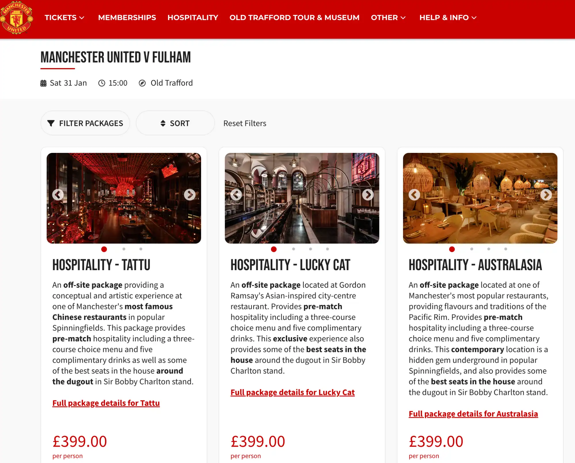 hospitality packages screenshot