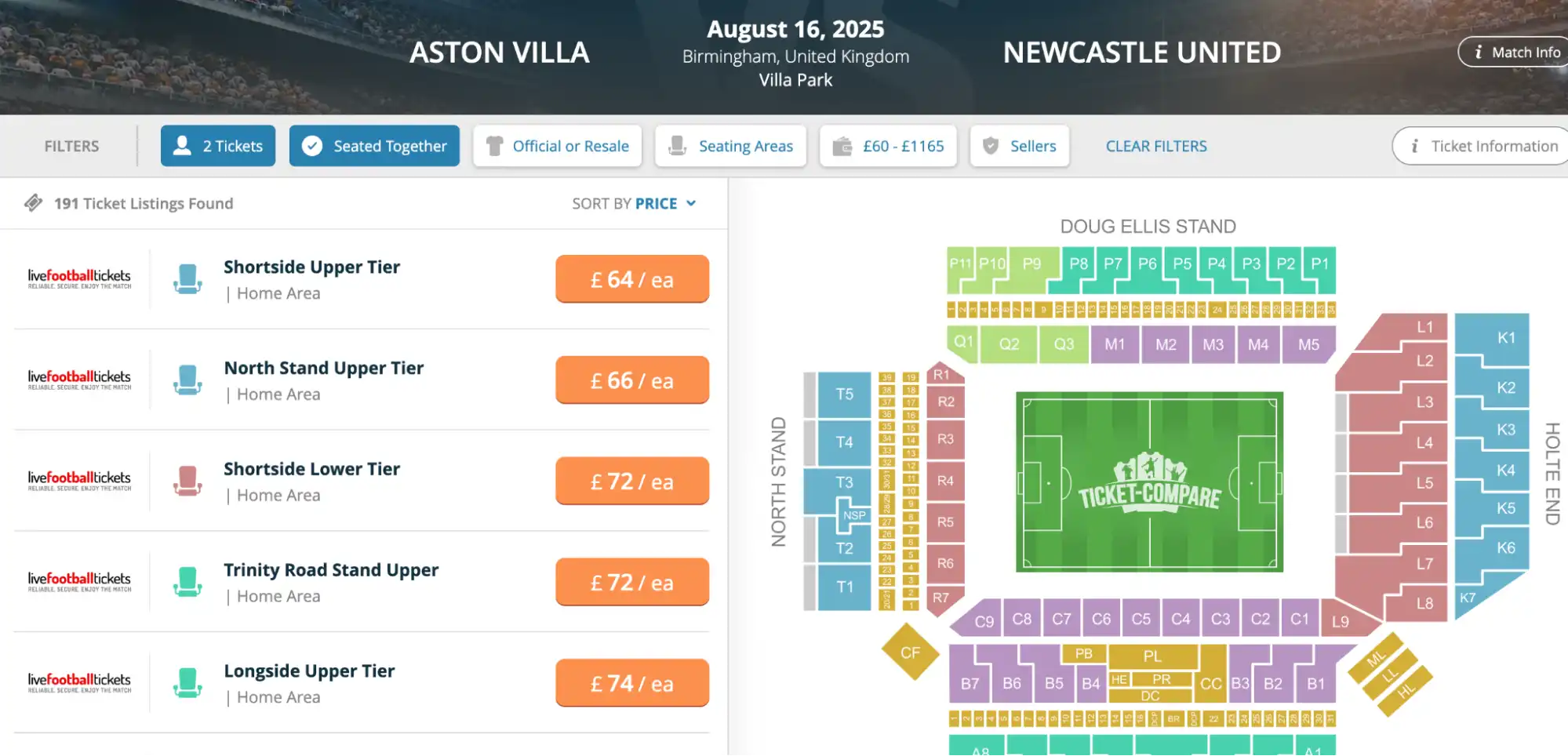 Aston Villa vs Newcastle United liput