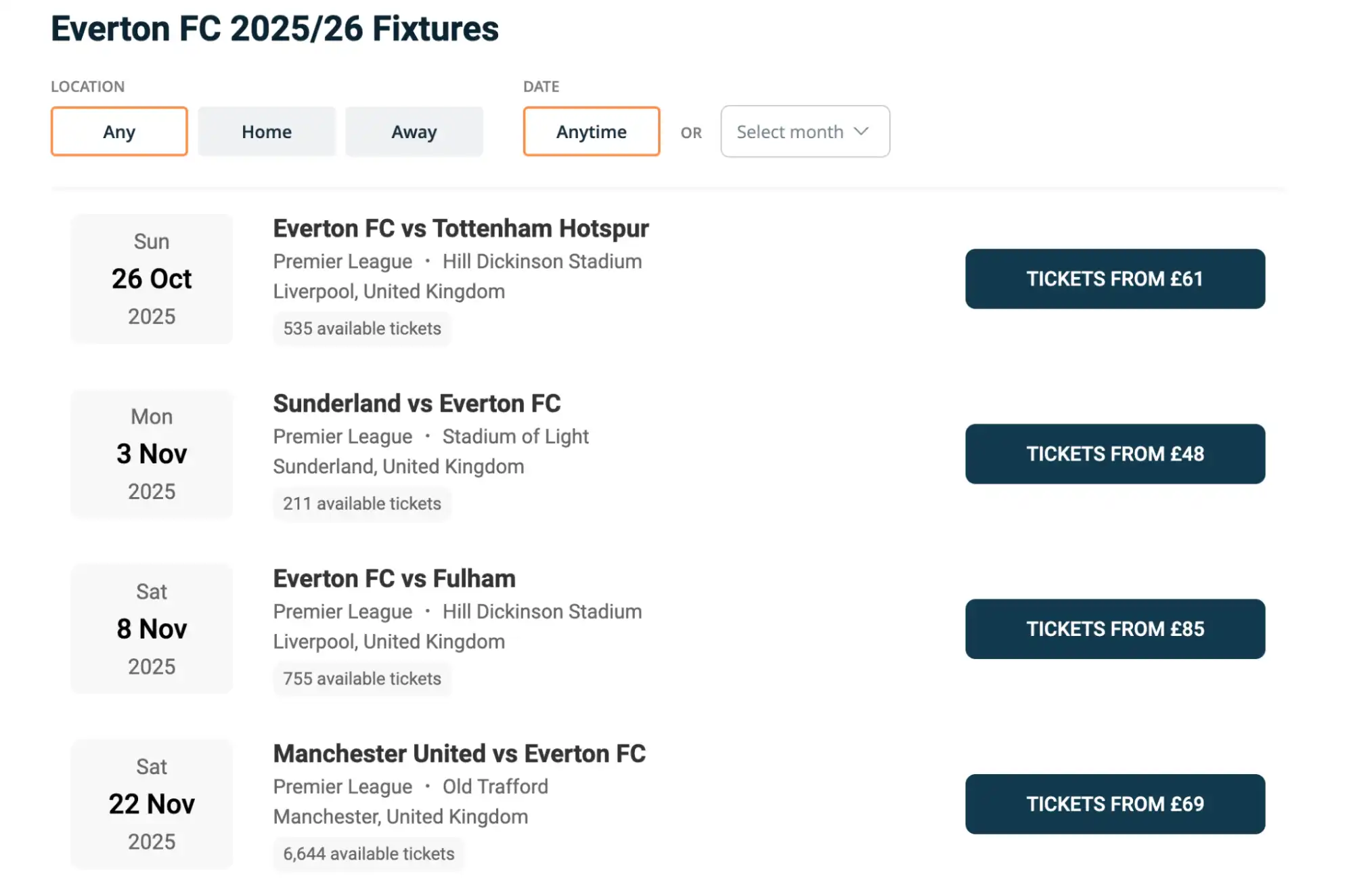 Everton FC Fixtures
