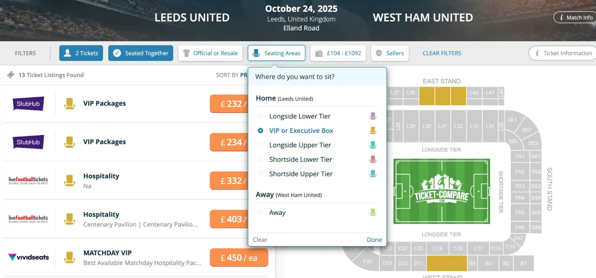 Leeds United vs West Ham VIP-lippujen katsomohaun kuva