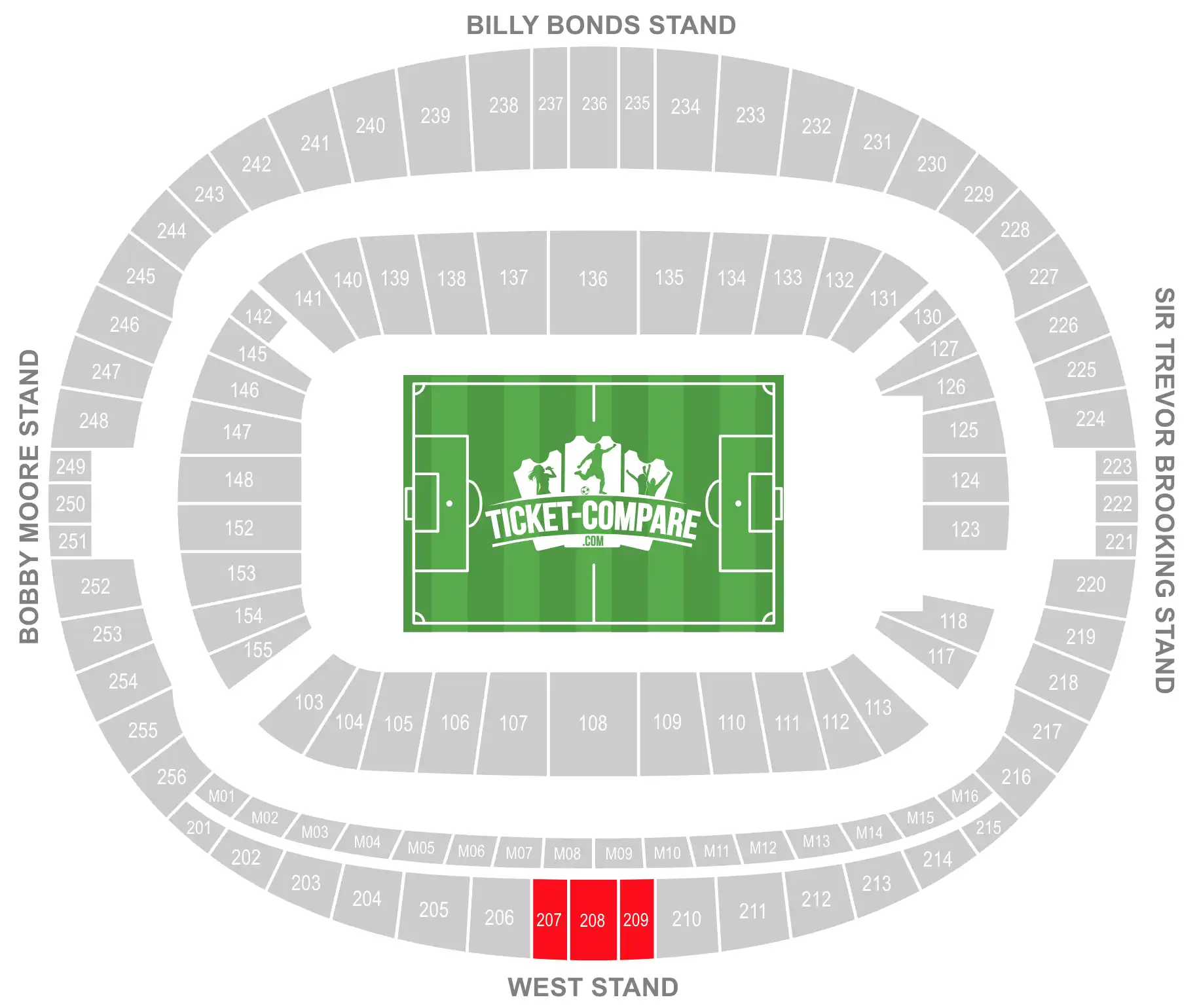 ScreenShot of London Stadium Seating Plan with highlighted the 207, 208 and 209 sections