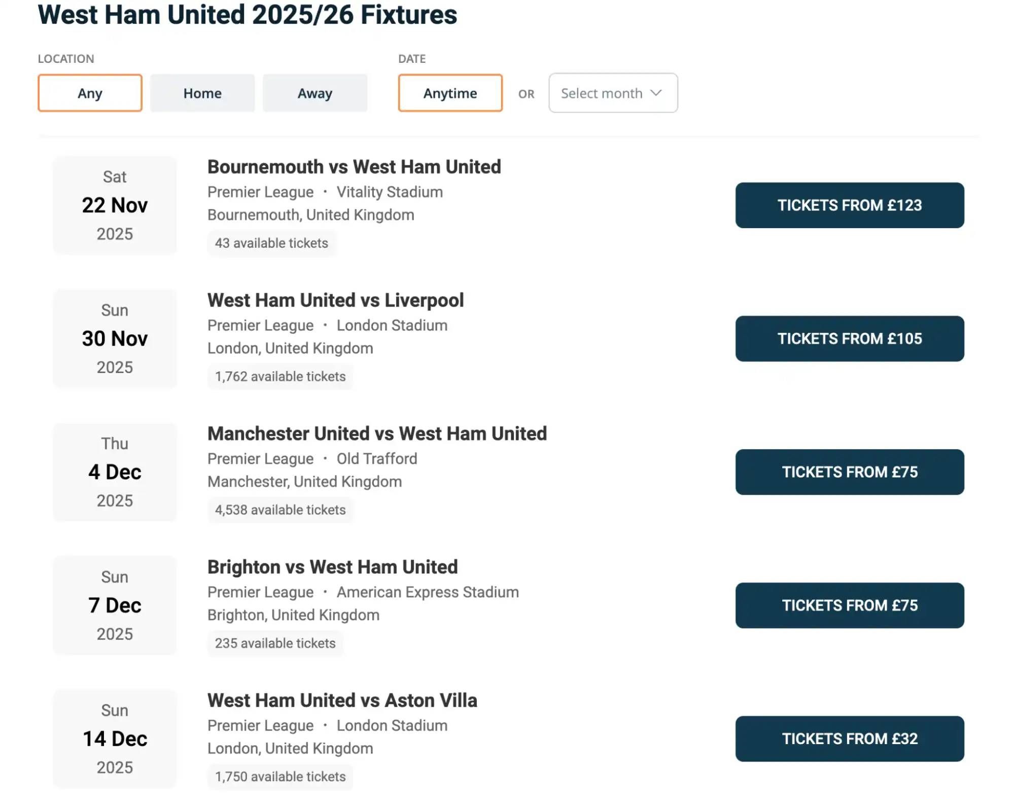 screenshot of West Ham Fixtures