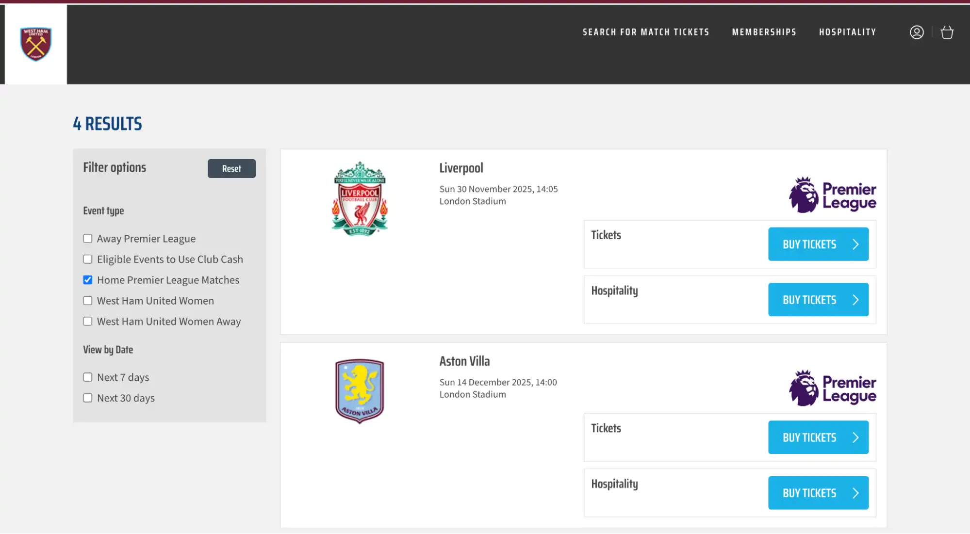 screenshot of club’s ticketing portal
