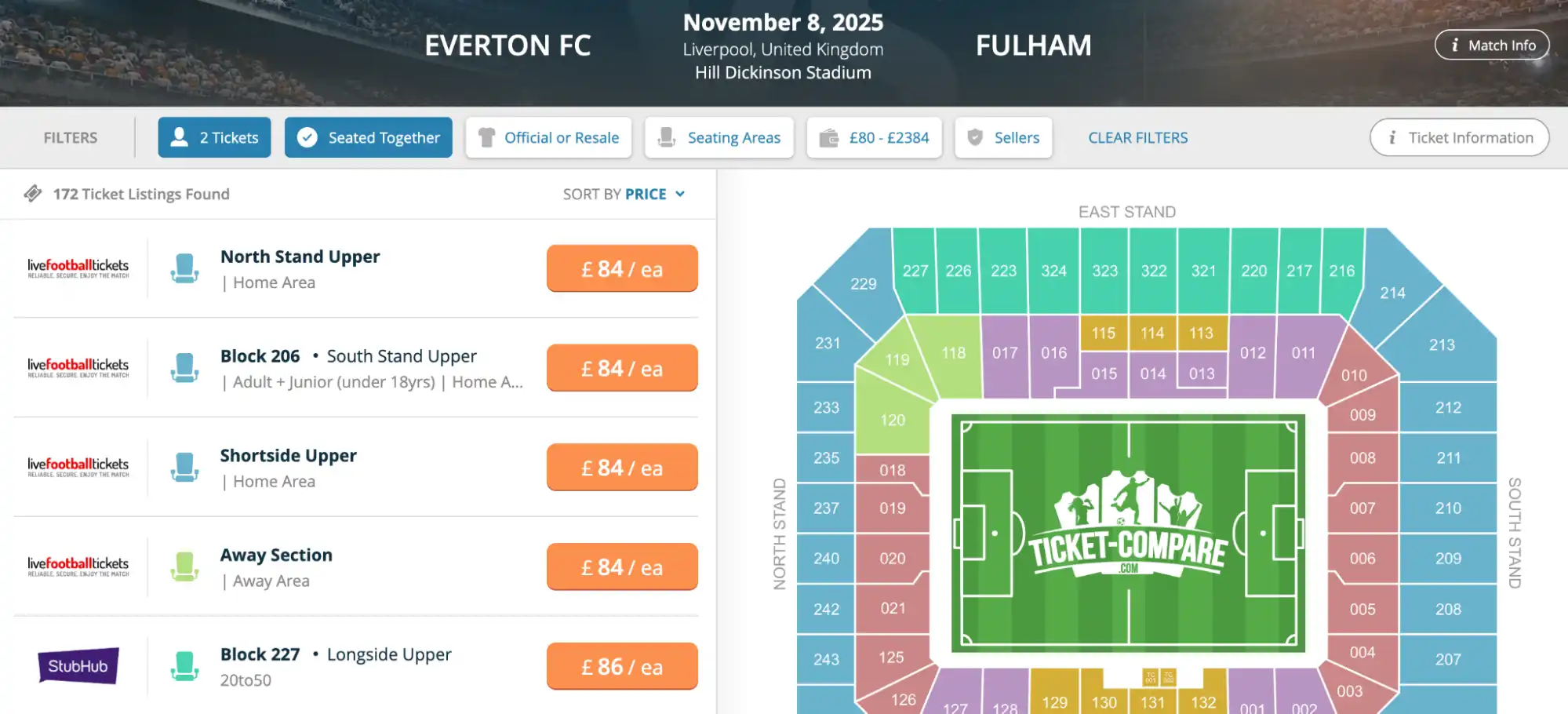 screenshot of Everton FC vs Fulham match tickets