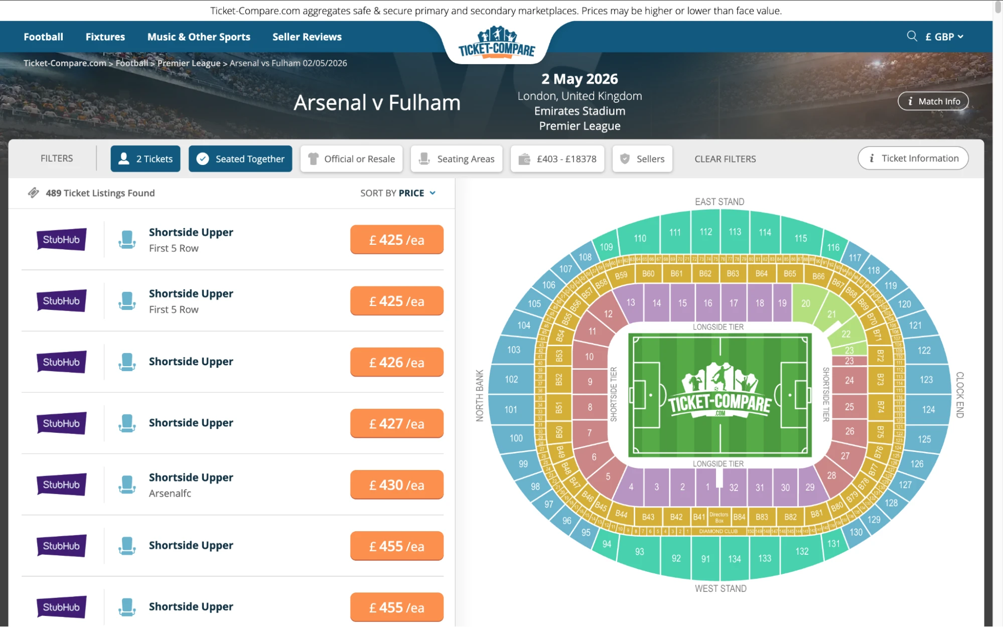 Screenshot of Arsenal v Fulham tickets page on Ticket-Compare.com