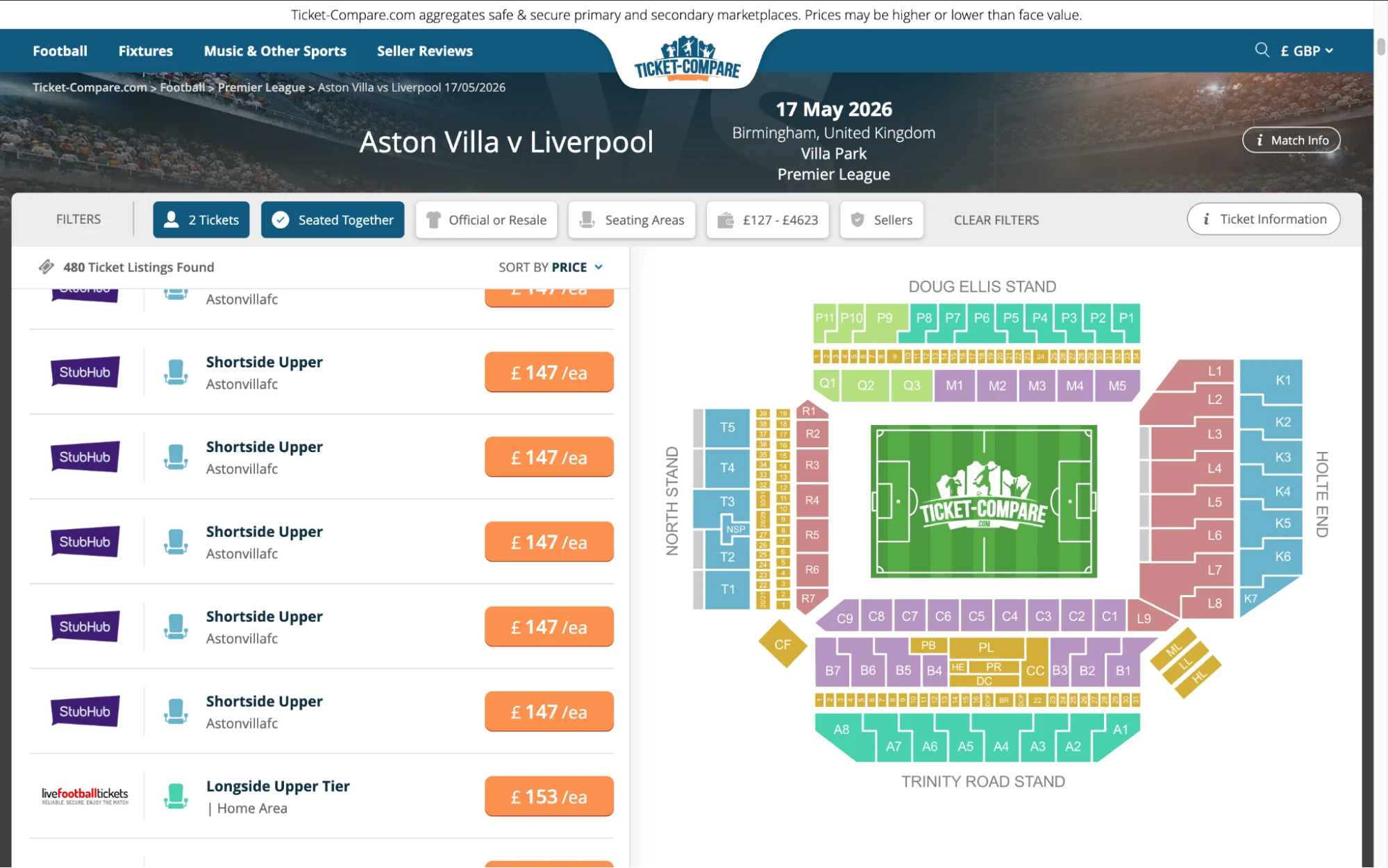 Screenshot of Aston Villa v Liverpool tickets page