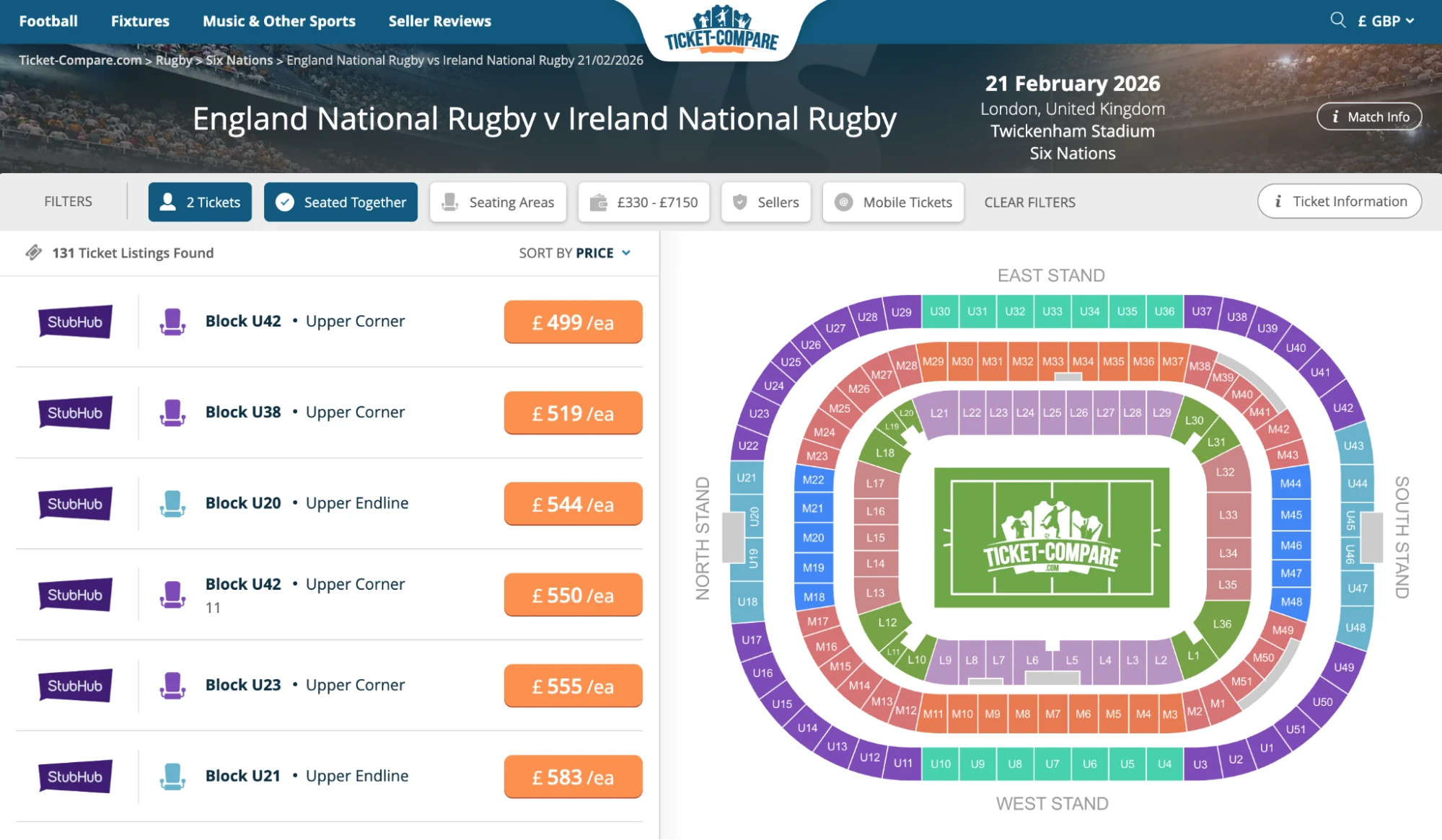 Screenshot of England National Rugby v Ireland National Rugby tickets page on Ticket-Compare.com