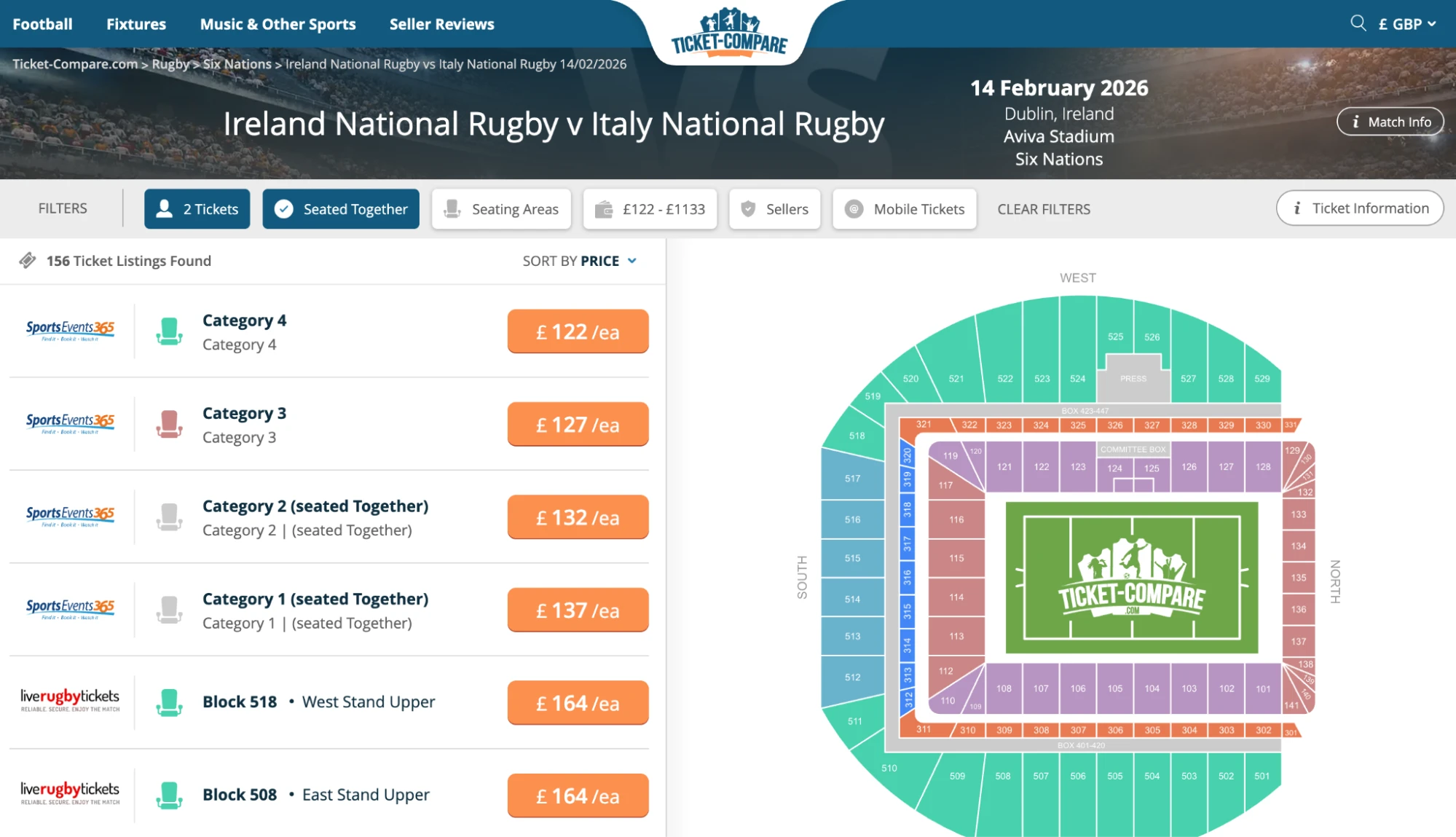 Screenshot of Ireland National Rugby v Italy National Rugby tickets page on Ticket-Compare.com