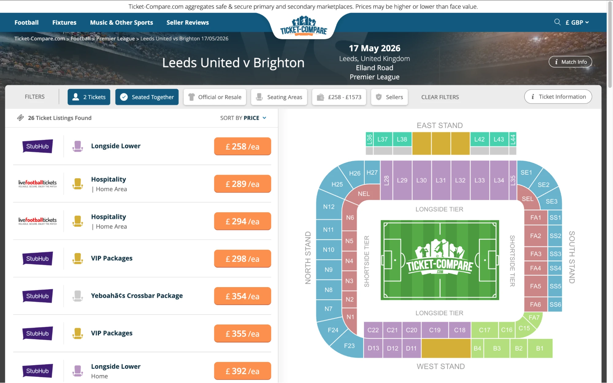 Screenshot of Leeds United v Brightron tickets page