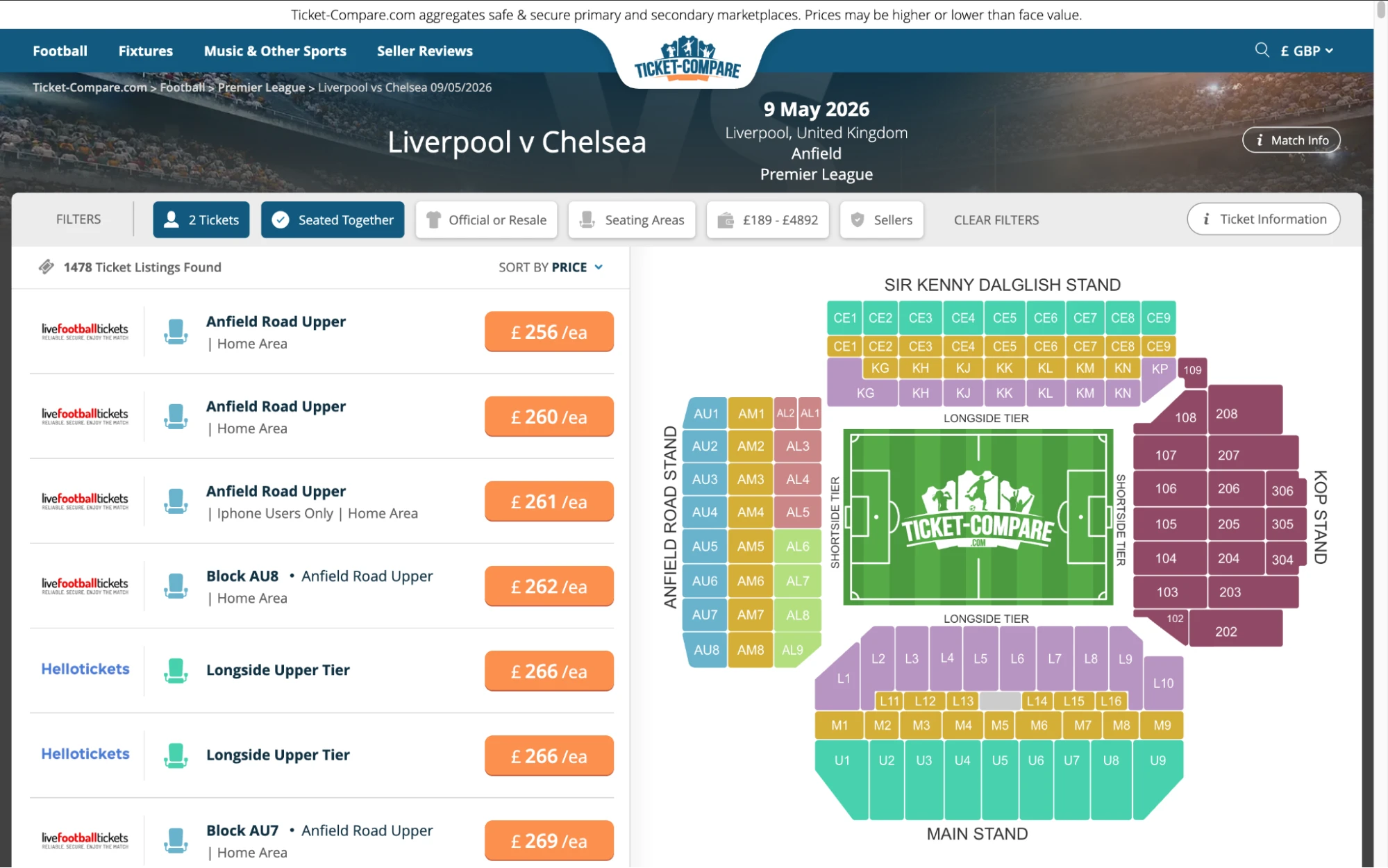 Screenshot of Liverpool v Chelsea tickets page on Ticket-Compare.com