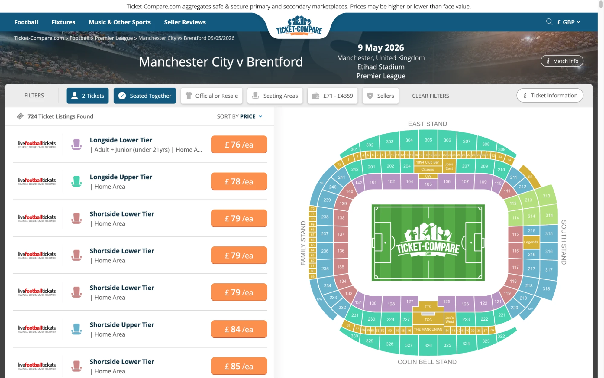 Screenshot of Man City v Brentford tickets page