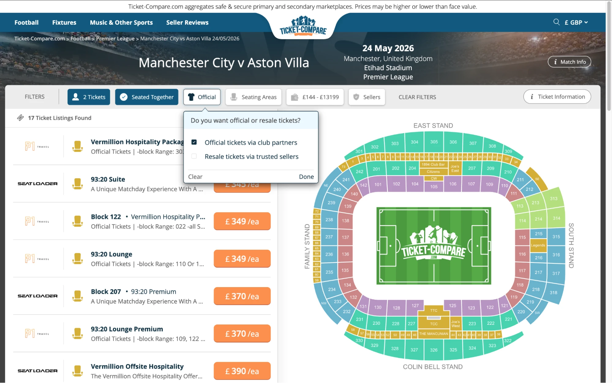 Kuvakaappaus: Manchester City v Aston Villa tickets-sivusta