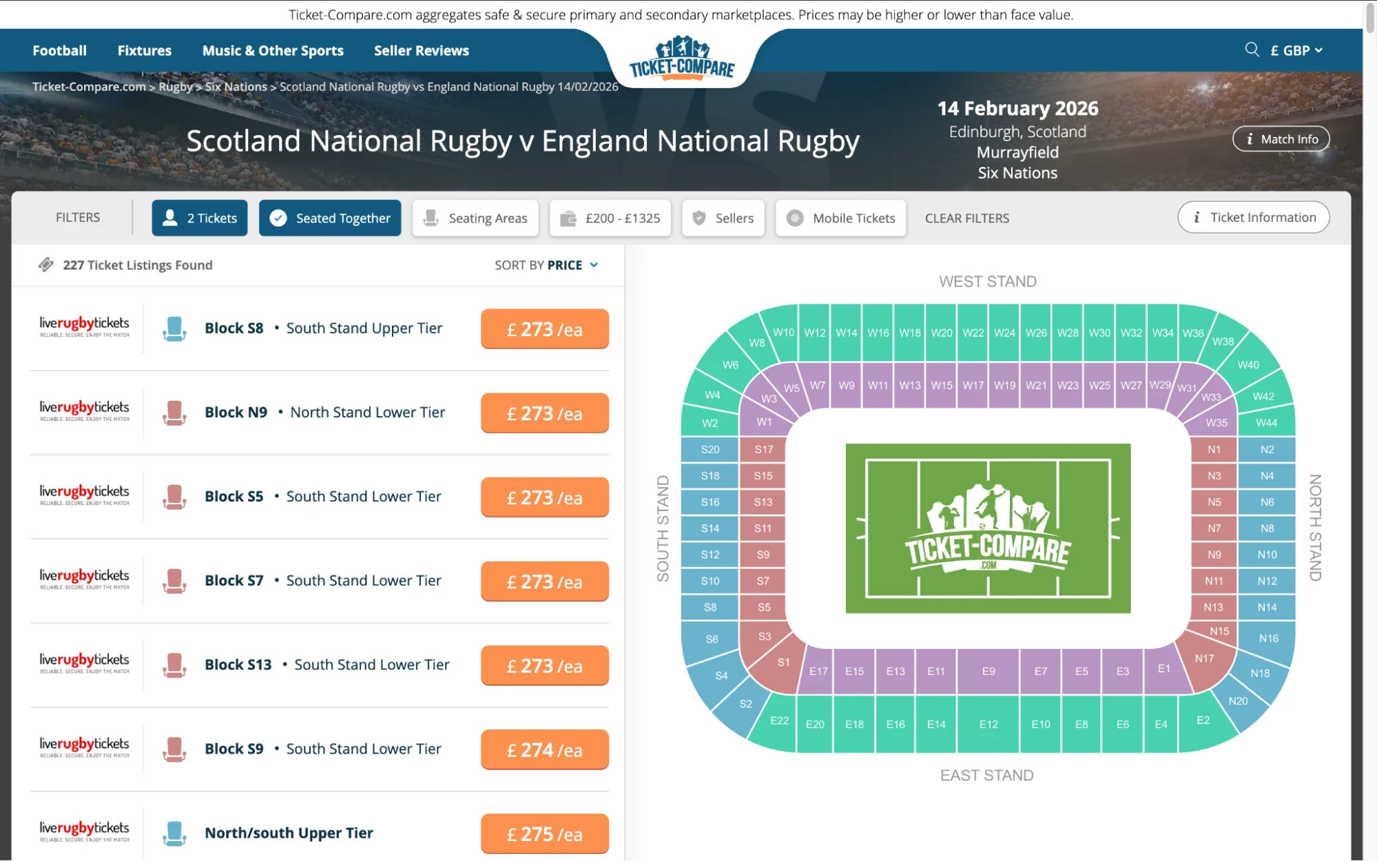 Screenshot of Scotland National Rugby v England National Rugby tickets page