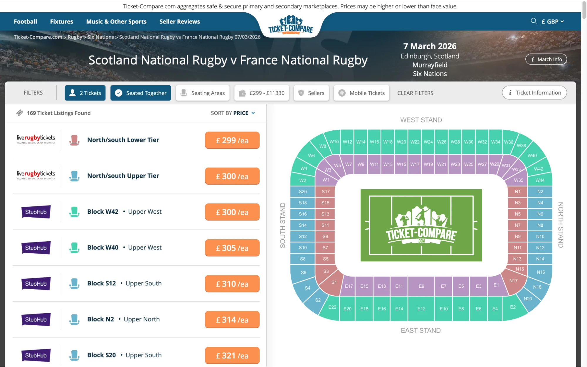 Screenshot of Scotland National Rugby v France Six Nations Rugby tickets page on Ticket-Compare.com