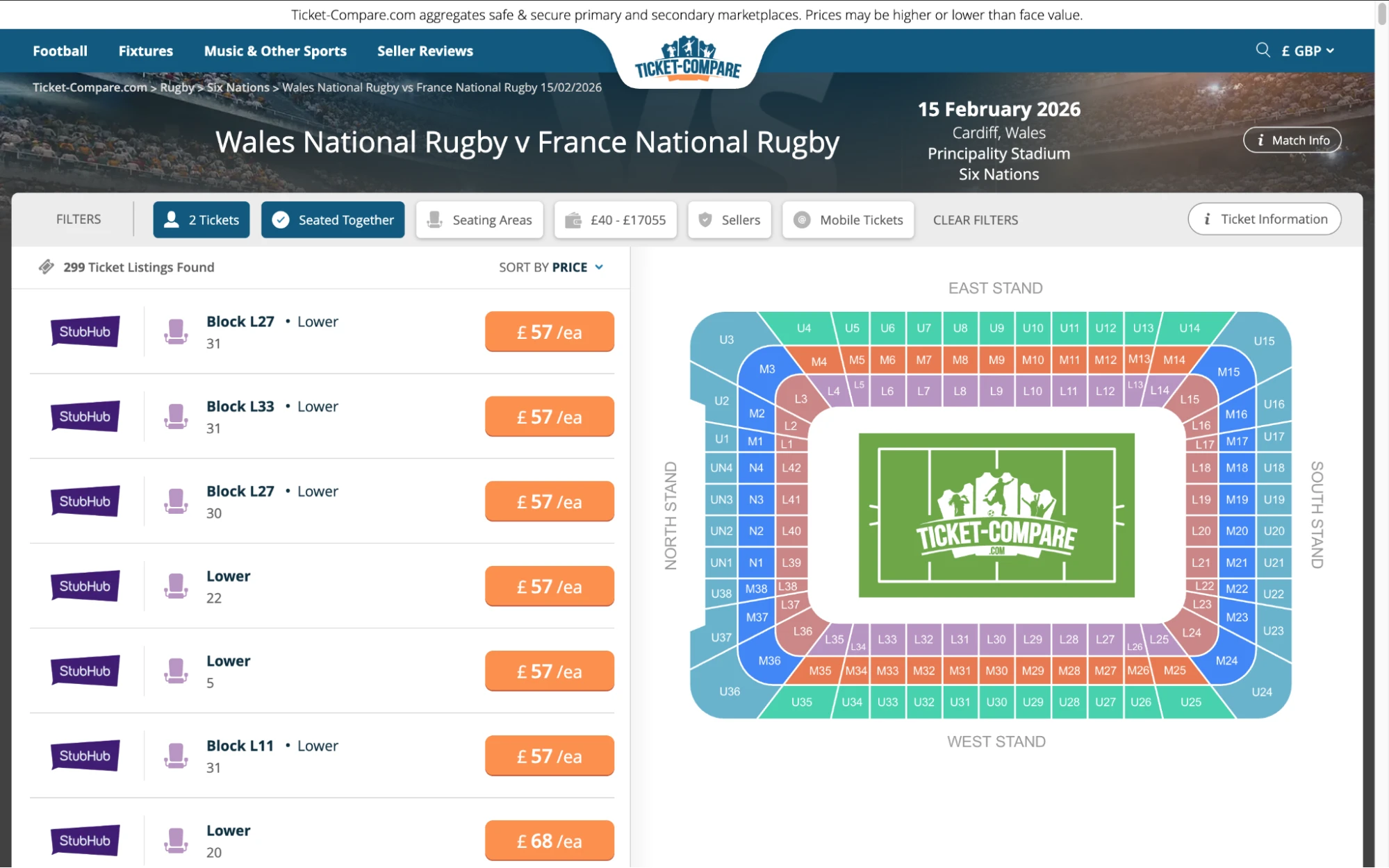 Screenshot of Wales National Rugby v France National Rugby tickets page
