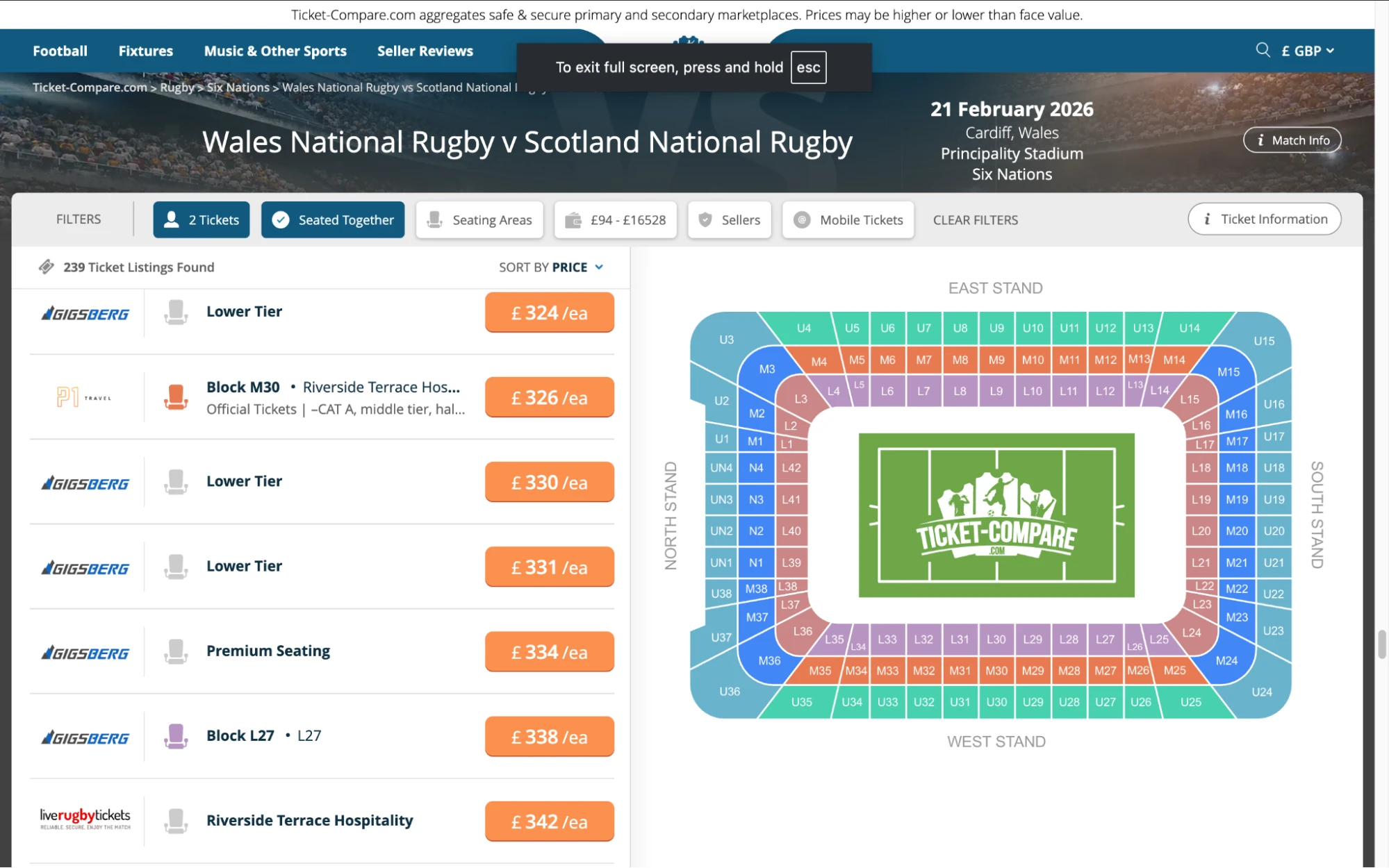 Screenshot of Wales National Rugby v Scotland National Rugby tickets page on Ticket-Compare.com