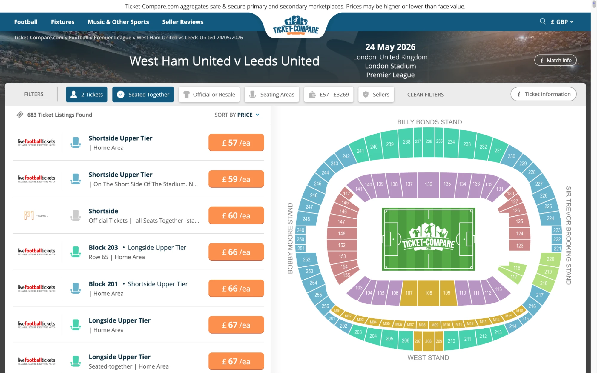 Screenshot of West Ham United v Leeds United tickets