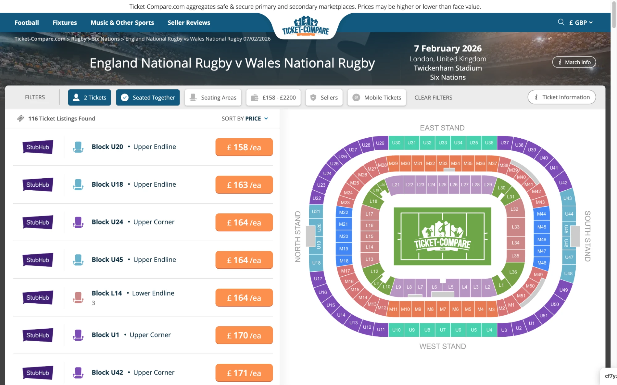 screenshot of England National Rugby v Wales National Rugby tickets page