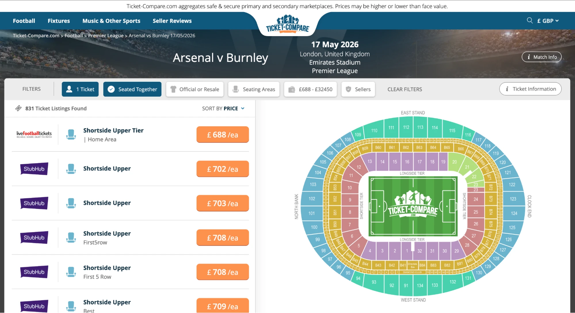 Screenshot of Arsenal v Burnley tickets page on Ticket-Compare.com