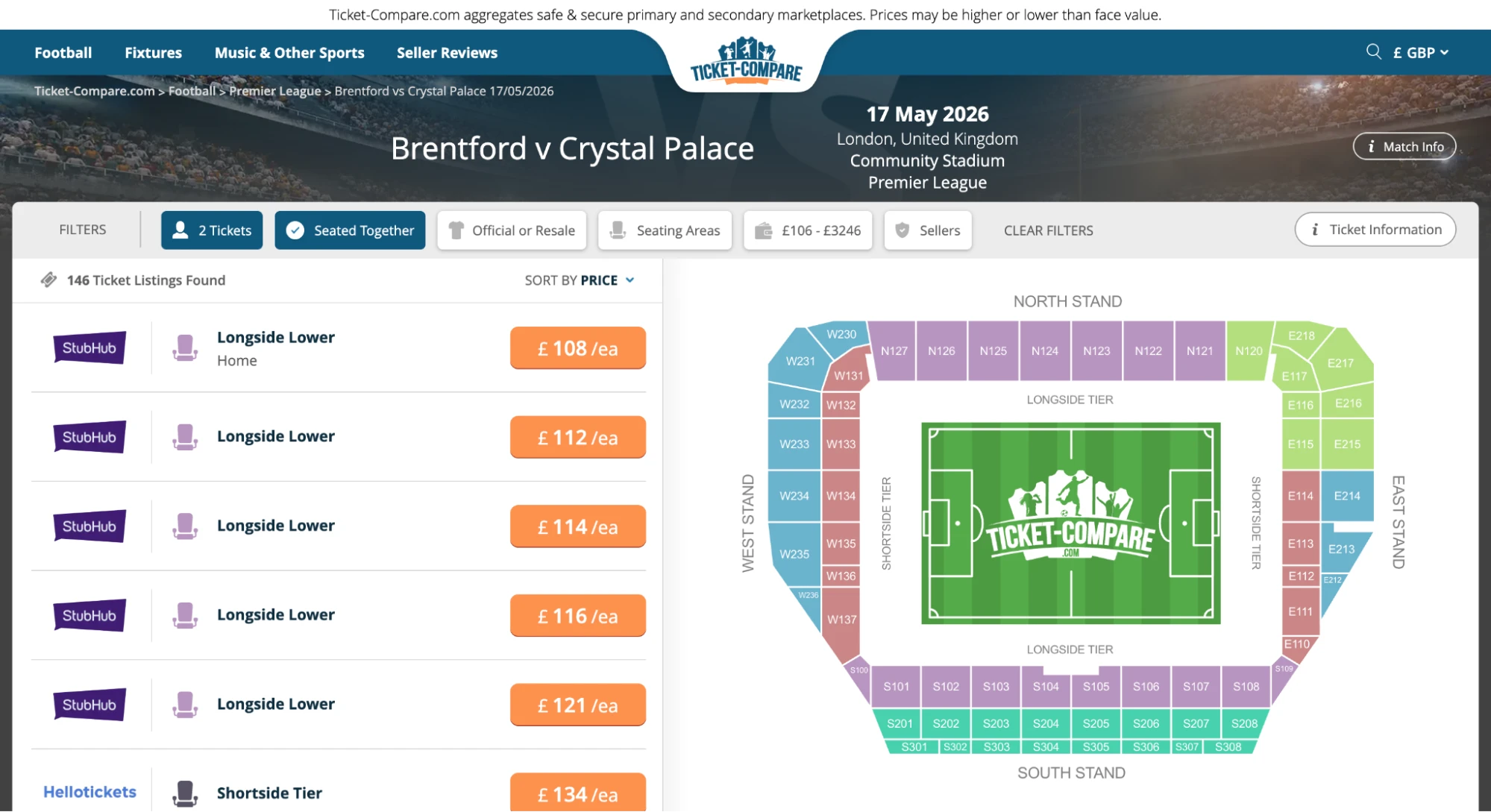 Kuvakaappaus Brentford–Crystal Palace lippusivusta