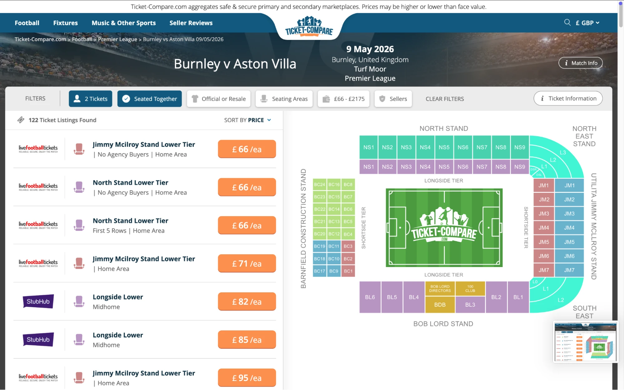 Screenshot of Burnley v Aston Villa tickets page