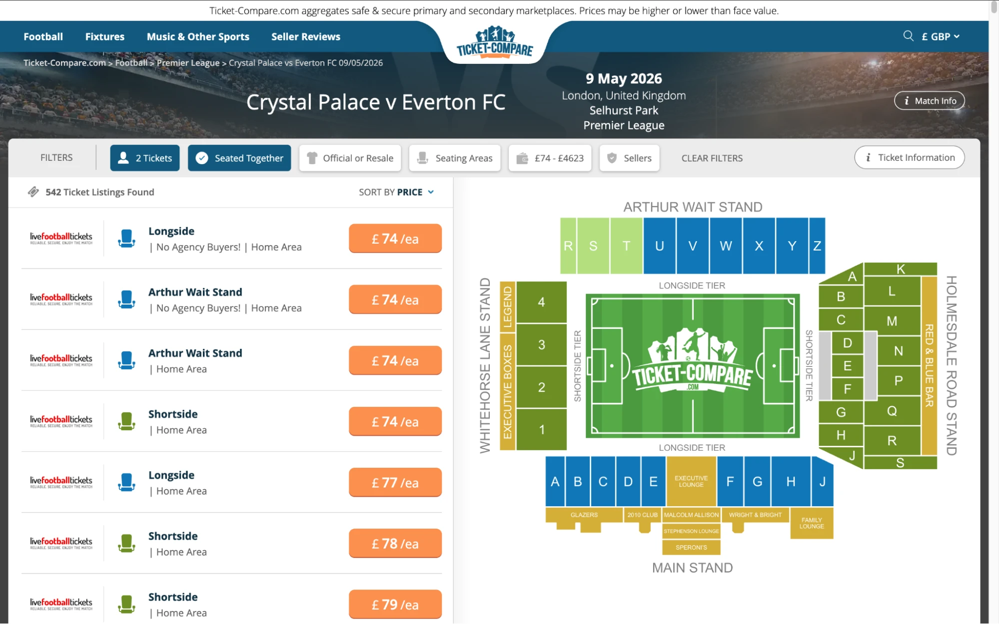 Screenshot of Crystal Palace v Everton FC tickets page