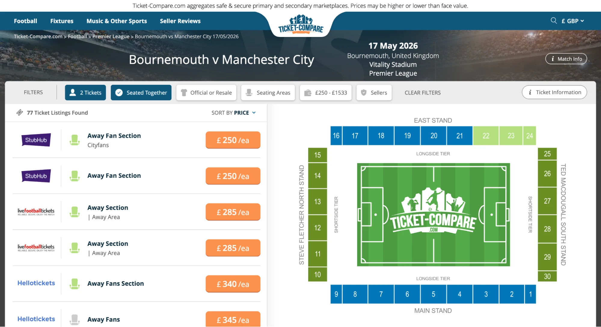 Screenshot of Bournemouth v Man City tickets page on Ticket-Compare.com