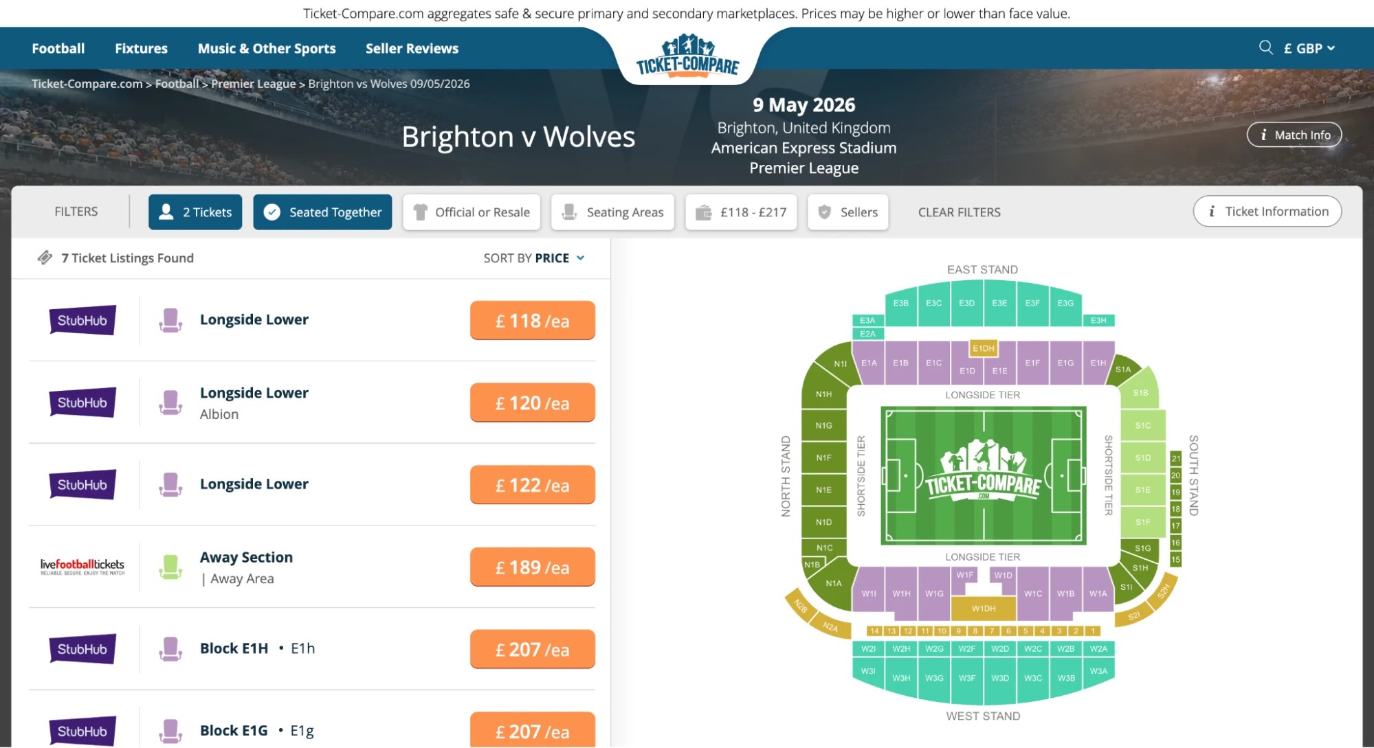 Screenshot of Brighton v Wolves tickets page